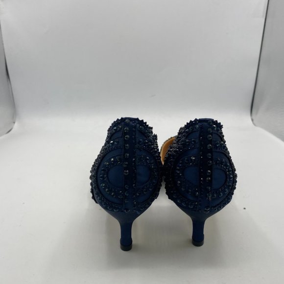 XYD Navy Pointed Toe Low Heel D'Orsay Rhinestone Studs Pumps - Picture 5 of 8